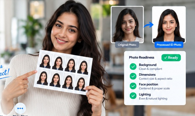 Woman holding a sheet of processed ID photos with original and processed comparison and Photo Readiness checks